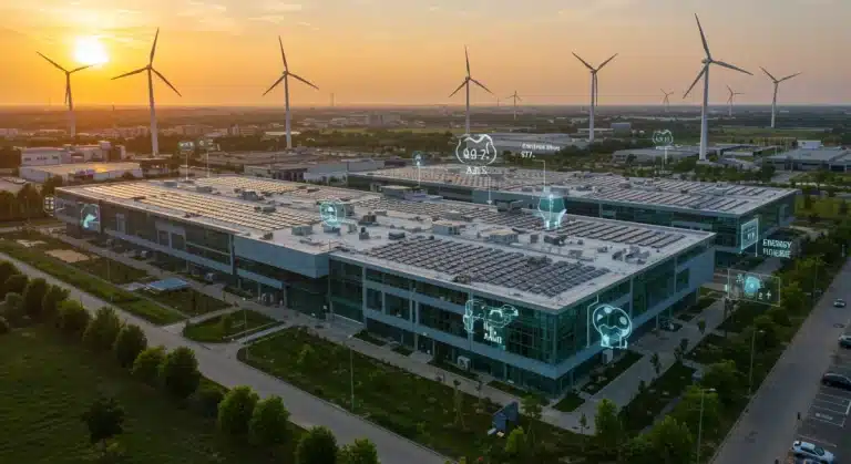 Modern green data center campus with solar panels and wind turbines