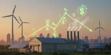 Modern factory with solar panels and wind turbines, symbolizing green energy tax credit savings for businesses.