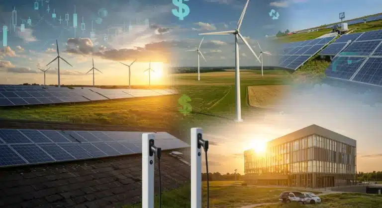 Illustration of diverse green infrastructure projects benefiting from 2025 tax credits, showcasing financial growth.