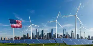 Futuristic cityscape powered by green energy, representing US economic growth from green tech investment.