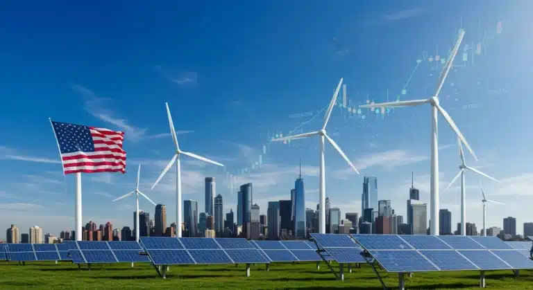 Futuristic cityscape powered by green energy, representing US economic growth from green tech investment.