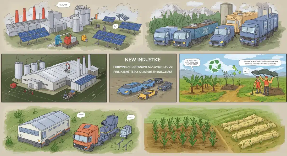 Industries adapting to new climate regulations, showing renewable energy adoption and sustainable practices.