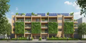Modern eco-friendly building showcasing green construction materials