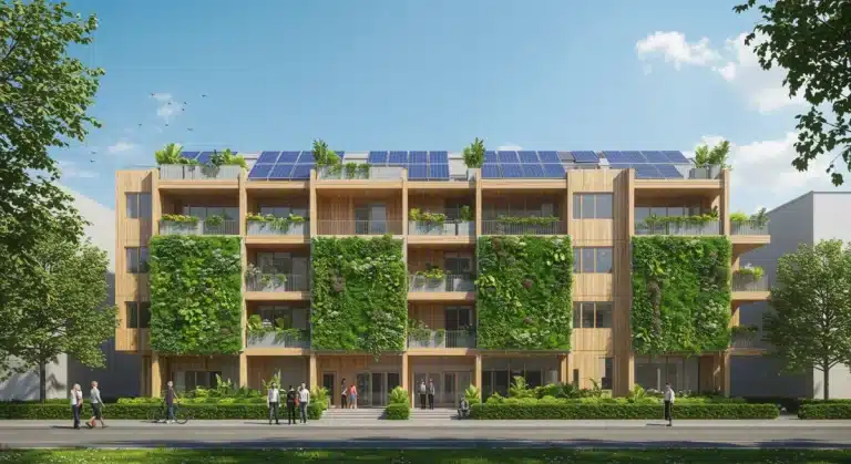 Modern eco-friendly building showcasing green construction materials