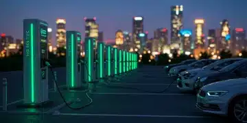 Modern EV charging station with multiple green glowing ports in an urban setting