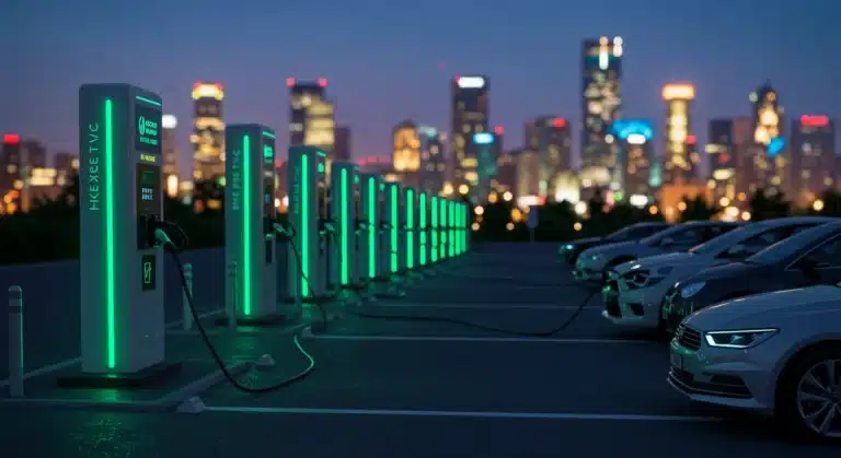 Modern EV charging station with multiple green glowing ports in an urban setting