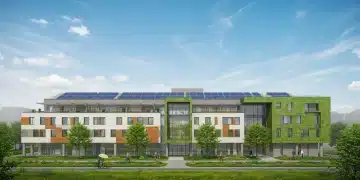 Modern green building design with solar panels, symbolizing 2025 energy reduction standards
