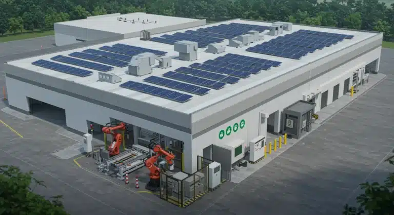 Modern green manufacturing facility with solar panels and robotics boosting U.S. efficiency