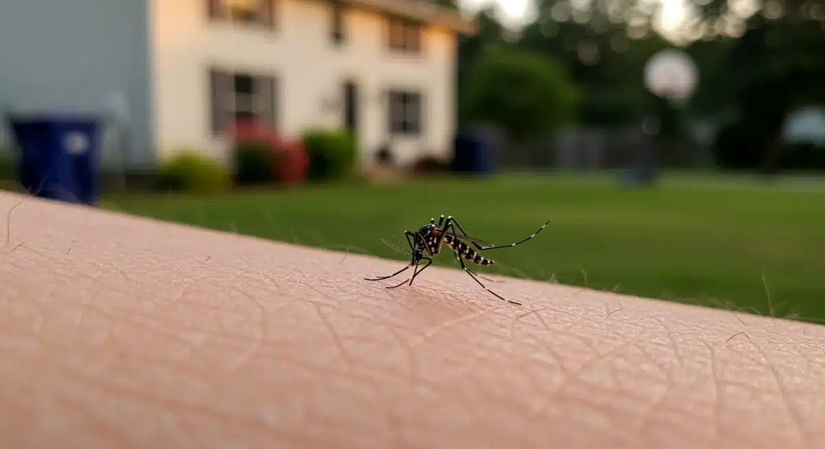 Close-up of a mosquito biting, symbolizing the threat of vector-borne diseases.