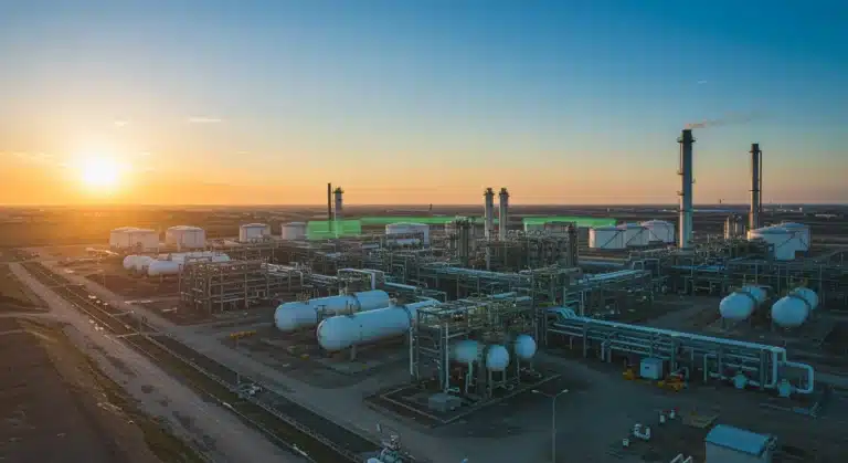 Industrial natural gas facility with pipelines and storage tanks under a green-tinted sky, symbolizing methane reduction efforts.