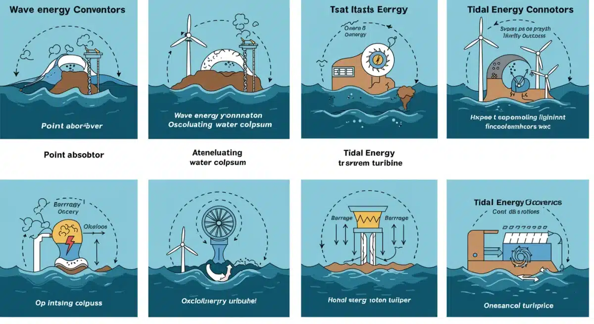 Infographic detailing various ocean energy technologies including wave and tidal power mechanisms.