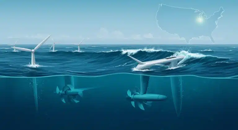 Advanced ocean energy converters harnessing wave and tidal power for U.S. electricity by 2030.