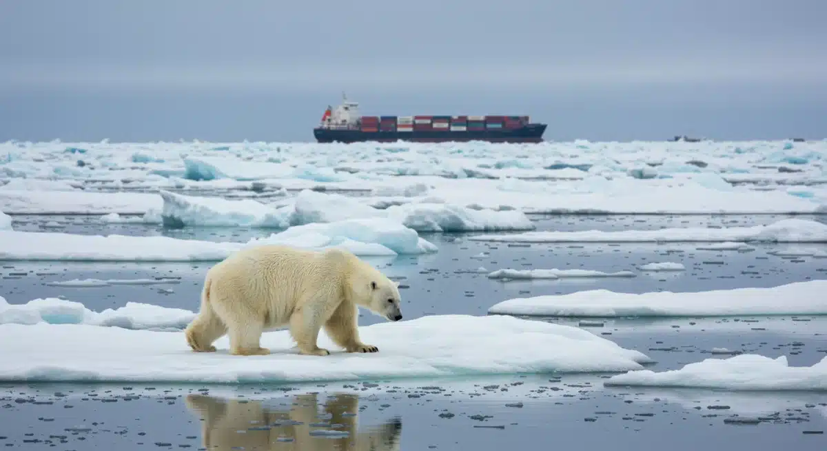 Polar bear on melting ice near cargo ship, symbolizing wildlife impact of Arctic shipping.
