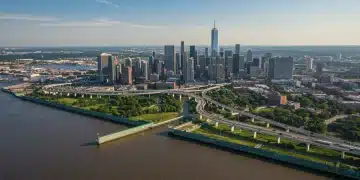 Modern U.S. city with resilient infrastructure against climate change
