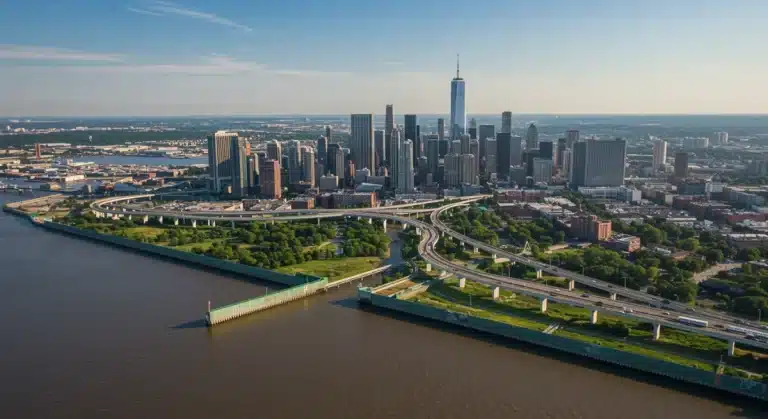 Modern U.S. city with resilient infrastructure against climate change