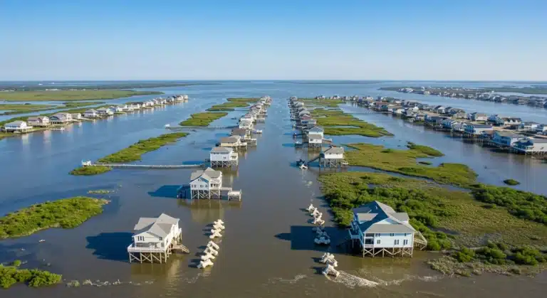 Resilient U.S. coastal community with elevated homes and natural defenses against rising sea levels.