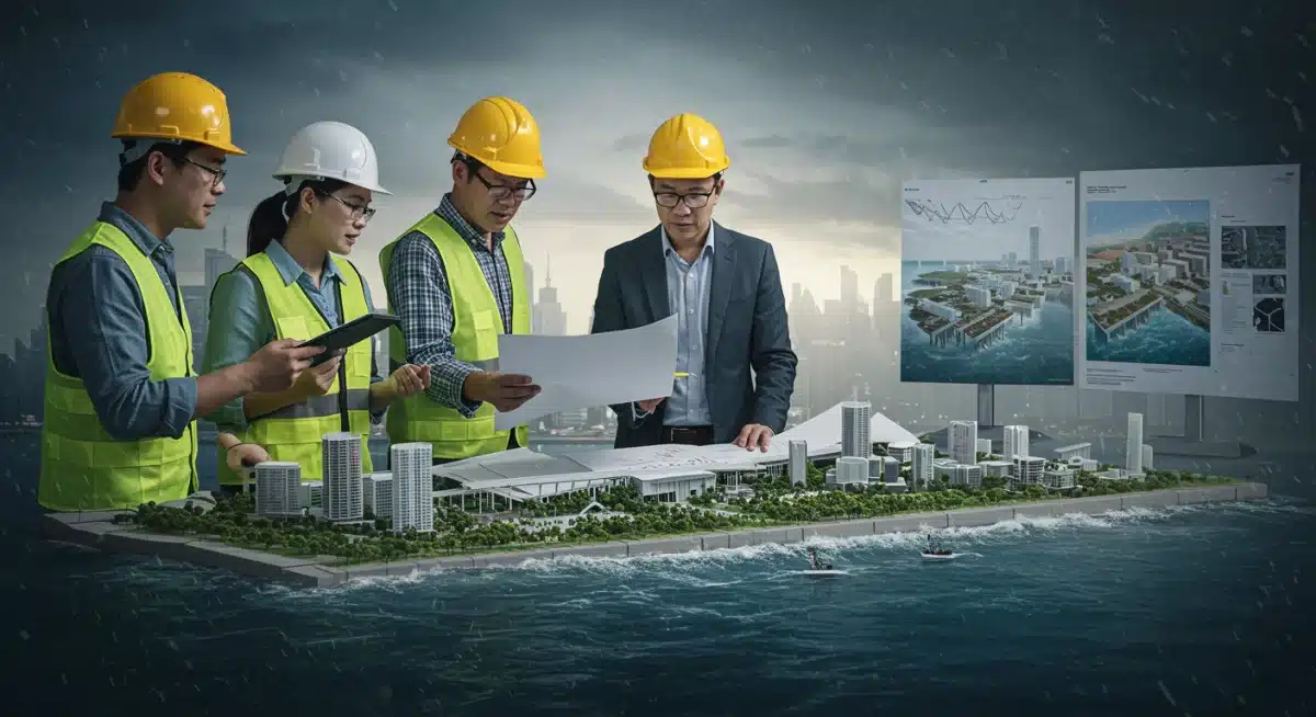 Engineers and scientists discussing resilient infrastructure designs for future extreme weather.