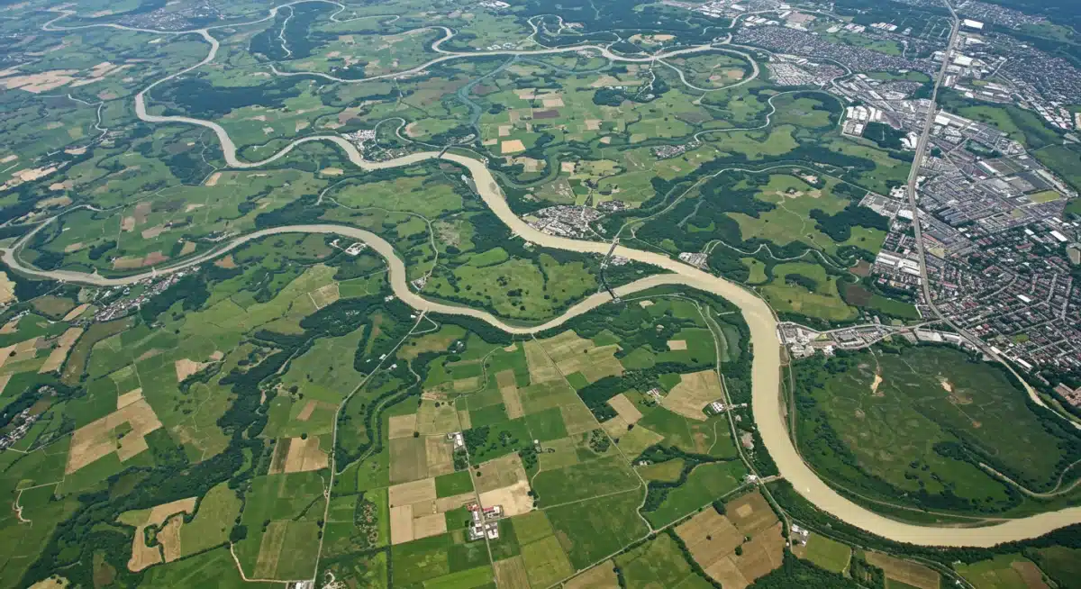 Aerial view river agriculture urban water interplay