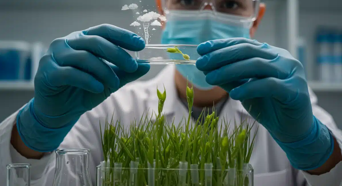 Scientist examining climate-resilient crops in a lab