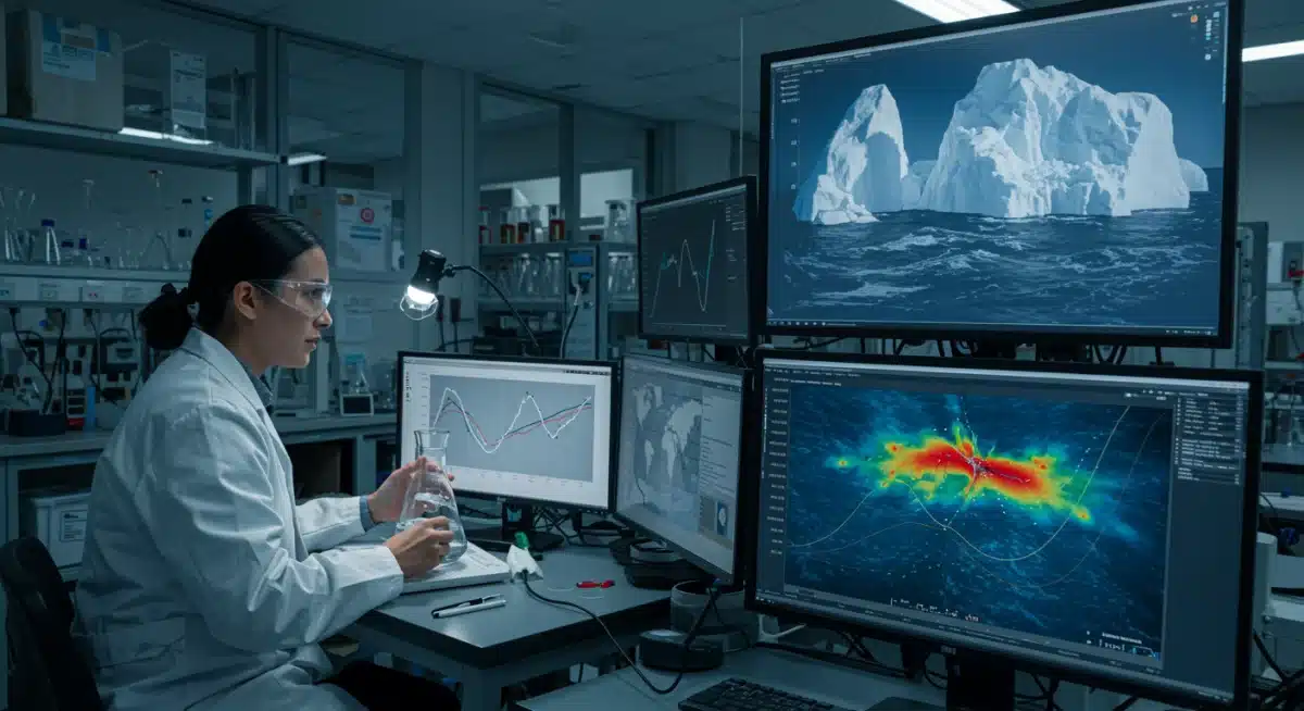 Scientists analyzing ice sheet melt data and ocean temperature, showcasing the scientific basis of climate projections.