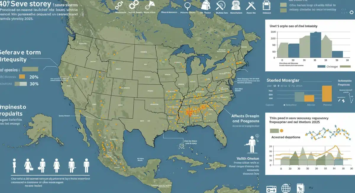 Infographic showing projected 40% increase in severe storms for 2025, detailing regional impacts and critical areas for preparedness.