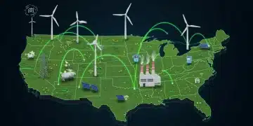 Smart grid network over U.S. map, showing green energy integration and digital data flow for enhanced reliability.
