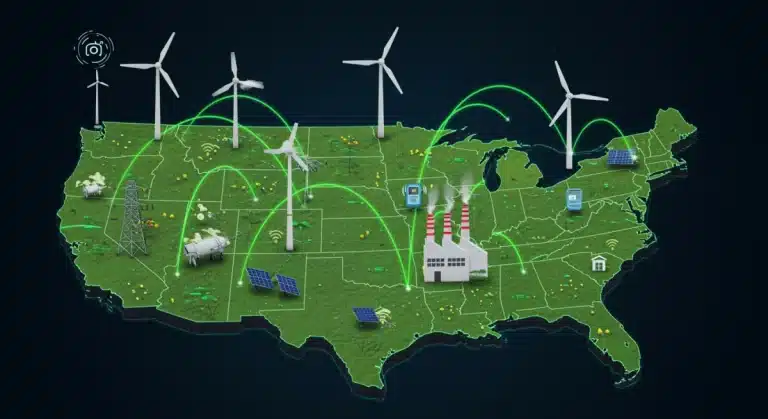 Smart grid network over U.S. map, showing green energy integration and digital data flow for enhanced reliability.