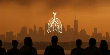 Smog-filled US city skyline with distressed lung graphic, symbolizing climate change impact on respiratory health.
