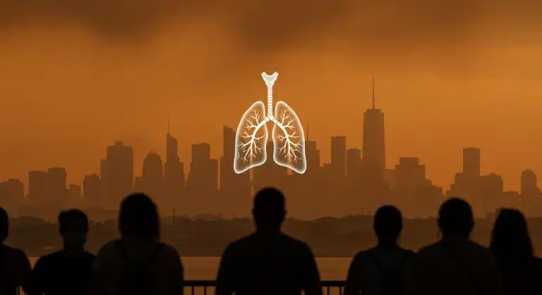 Smog-filled US city skyline with distressed lung graphic, symbolizing climate change impact on respiratory health.