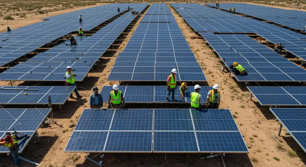 Solar technicians installing panels on a large US project