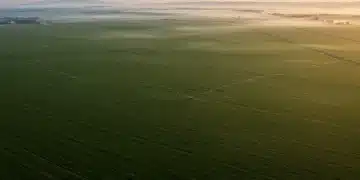 Drone view of U.S. farm with precision irrigation reducing water use