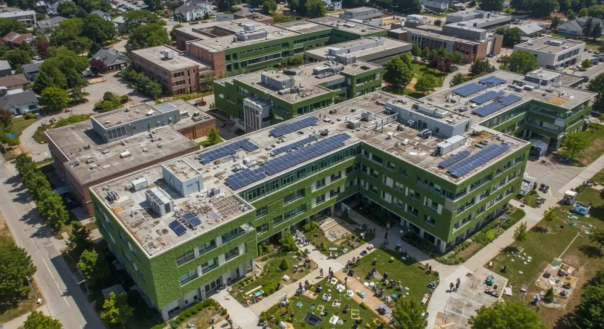 Sustainable university campus with green buildings and solar panels