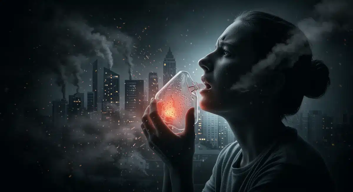 Person struggling to breathe amidst urban air pollution, illustrating direct health impacts of climate change.