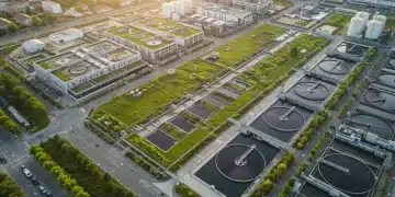 Modern urban landscape with green infrastructure for water conservation.