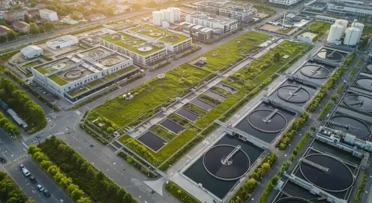 Modern urban landscape with green infrastructure for water conservation.