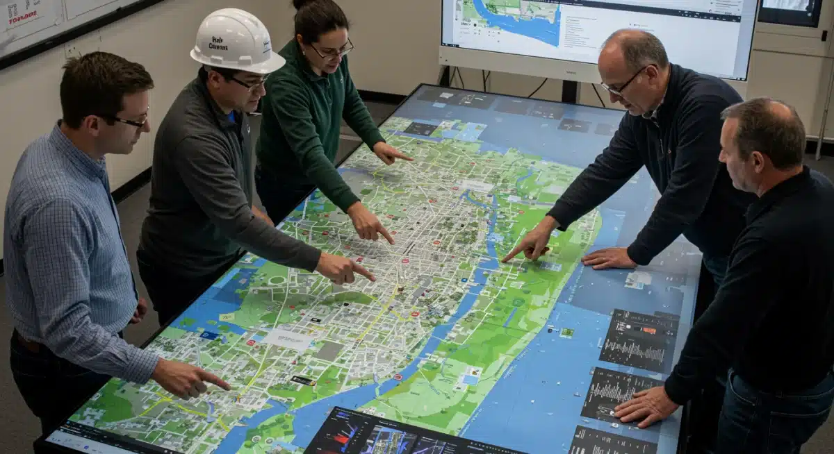 Urban planners discussing climate adaptation strategies for city infrastructure