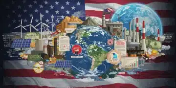 Illustration of US climate policy regulations and economic impact on businesses in 2025, featuring green energy and policy documents.