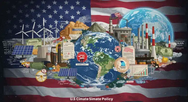Illustration of US climate policy regulations and economic impact on businesses in 2025, featuring green energy and policy documents.