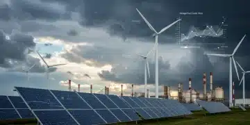 Dynamic visual representation of US climate policy changes, featuring renewable energy and industrial transition