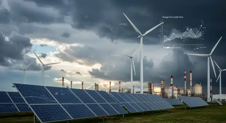 Dynamic visual representation of US climate policy changes, featuring renewable energy and industrial transition