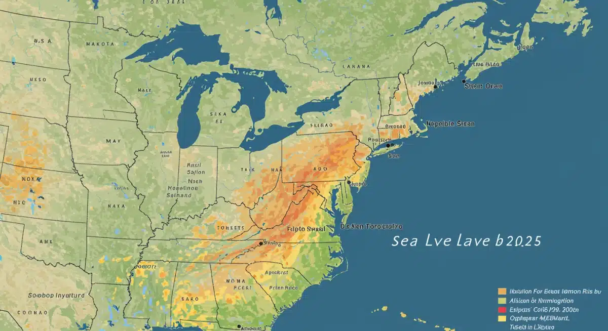 Map showing vulnerable US coastal regions and projected sea level rise by 2025, highlighting areas at risk.