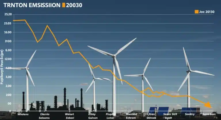 Graphic depicting U.S. industries reducing emissions by 50% by 2030, with green technologies.