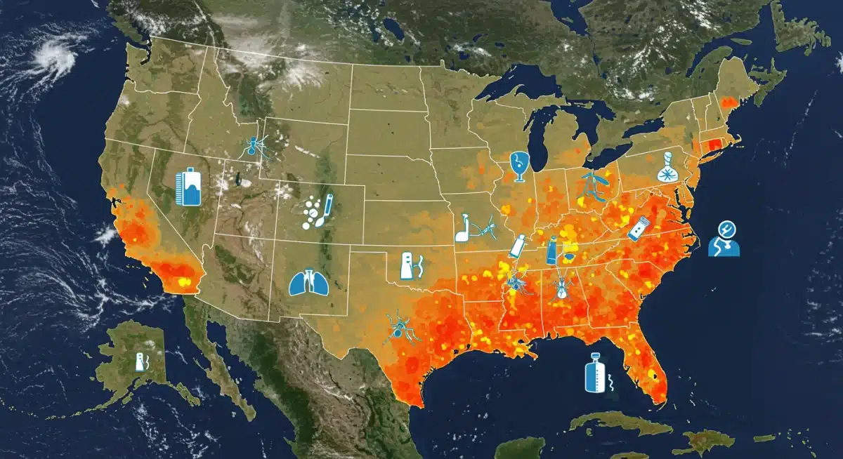 Satellite map of US showing heatwaves and health impacts like heatstroke, vector-borne diseases, and air quality issues.