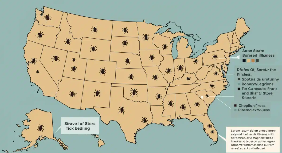 Map showing tick distribution and tick-borne disease prevalence across US regions.