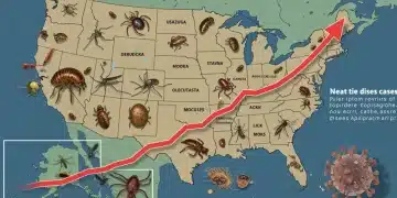 Illustration of vector-borne diseases rising in the US by 2025, showing mosquitoes and ticks.