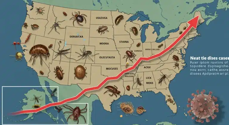 Illustration of vector-borne diseases rising in the US by 2025, showing mosquitoes and ticks.