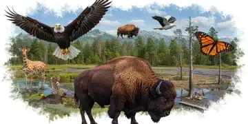 Diverse US wildlife in threatened habitats, symbolizing urgent biodiversity loss.