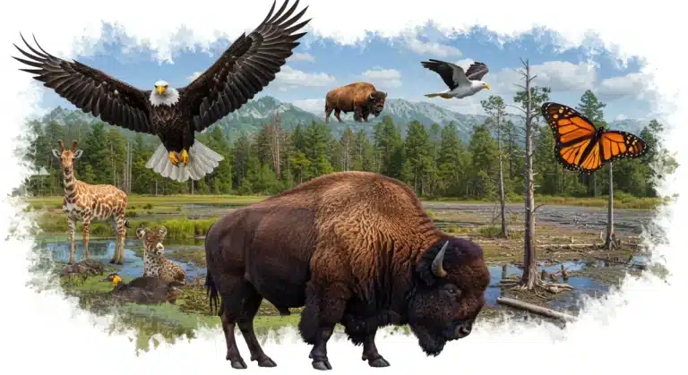 Diverse US wildlife in threatened habitats, symbolizing urgent biodiversity loss.