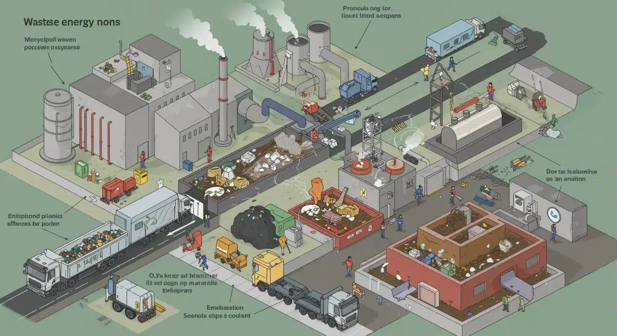 Infographic depicting the waste-to-energy conversion process, from trash collection to electricity generation.