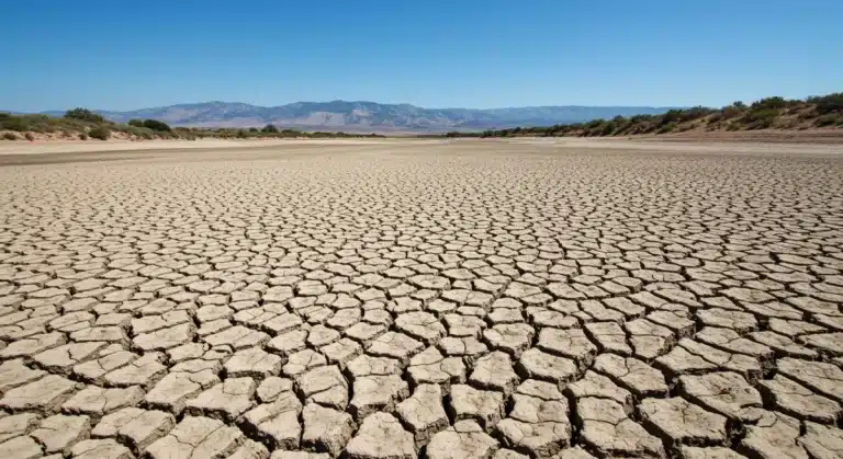Severe drought in Western US, cracked earth and dry riverbed